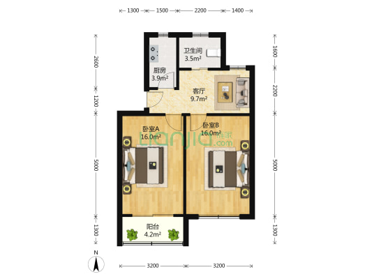 海高二村 2室1厅1卫 64平方