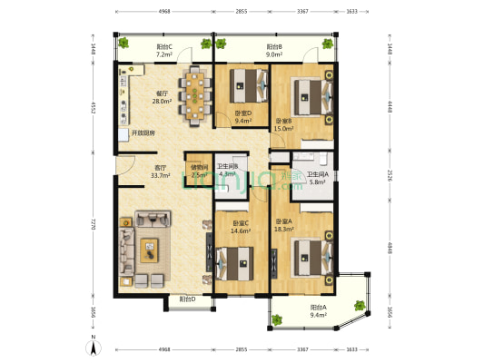 联宝公寓 4室2厅3卫 227平方