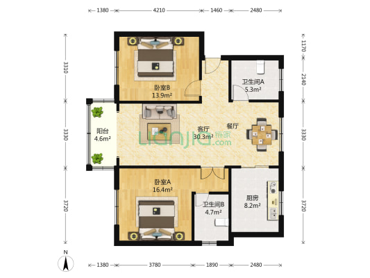 贤兴公寓 2室2厅2卫 119平方