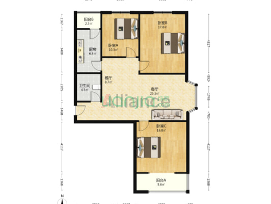 华阳路集中供暖电梯房 中高楼层，三居室-户型图