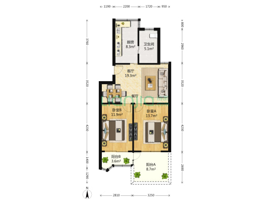 行知家园 2室2厅1卫 90平方
