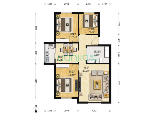 天泉山庄 3室2厅1卫 107平方