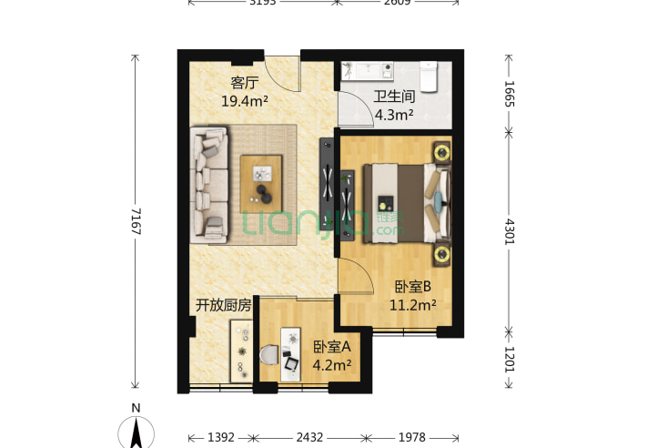 2室1厅1卫45㎡-大连憬园河畔户型图