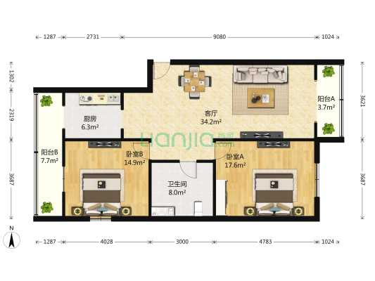 风荷园 2室1厅1卫 118平方