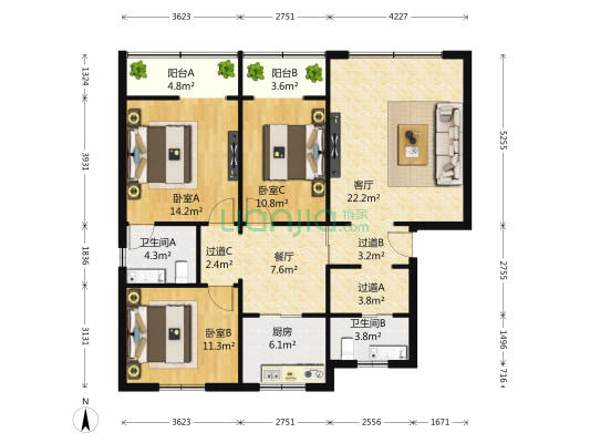 工商职高家属院 3室2厅2卫 133平方