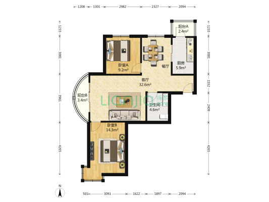 富丽花园 2室1厅1卫 90平方