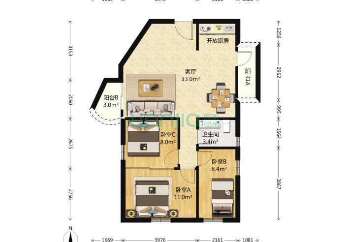 3室1厅1卫92.81㎡-深圳航苑大厦户型图