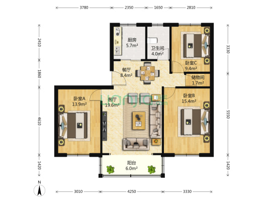 晨星小区 3室2厅1卫 110平方