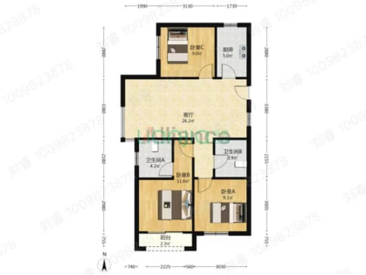 京都颐和城颐景雅苑 3室1厅 南 北-户型图