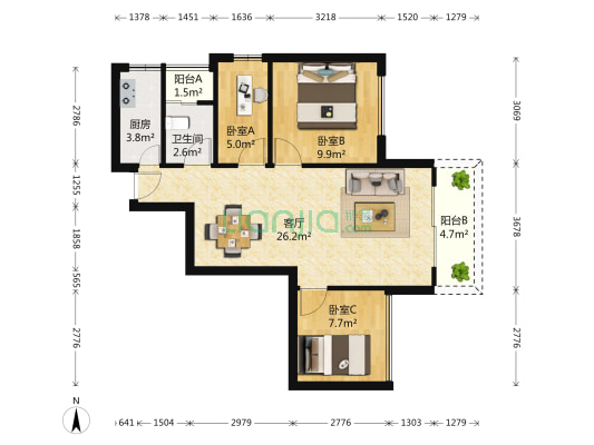金阳罗马假日 3室1厅1卫 83平方