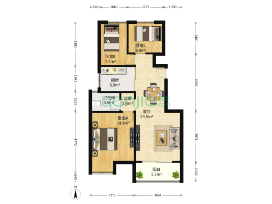 景山玫瑰园山庄 3室1厅1卫 86平方