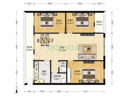 东大街202号 3室1厅2卫 145平方