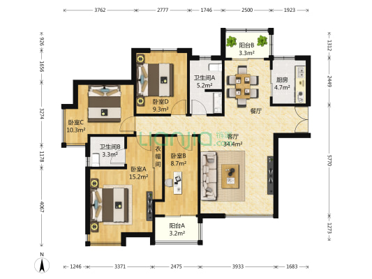 英地天骄华庭二期 4室1厅2卫 138平方