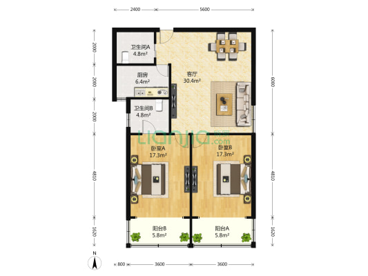 枫桥苑 2室2厅2卫 115平方