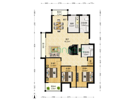 青春都市公寓 3室1厅2卫 134平方