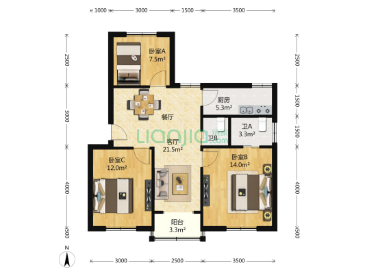 留水园(东区) 3室2厅2卫 92平方