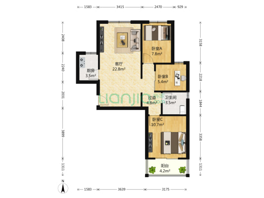 文卉苑 3室1厅1卫 87平方