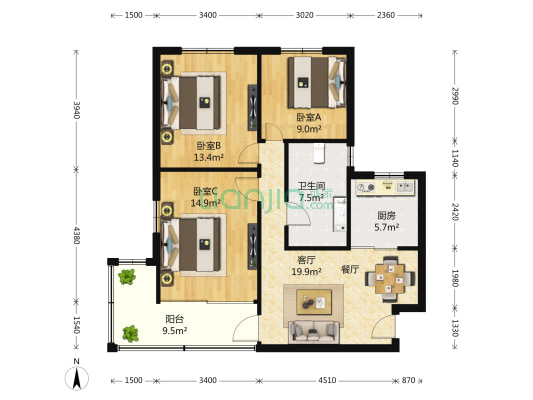 海联花苑 3室1厅1卫 99平方
