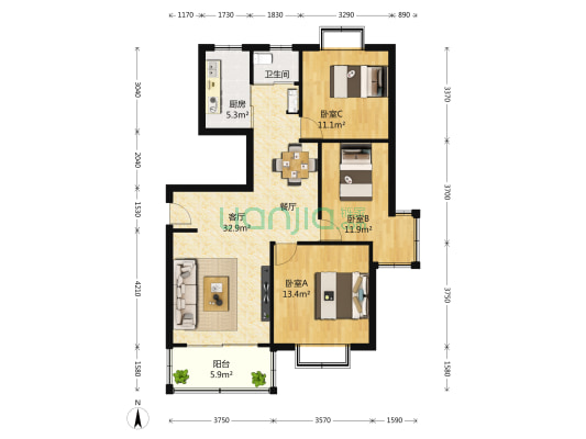 品家都市星城 3室2厅1卫 119平方