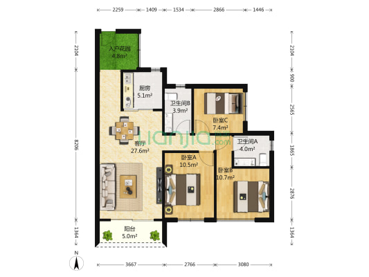 融科九重锦 3室1厅2卫 94平方
