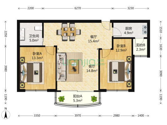 玉龙苑 2室2厅1卫 98平方