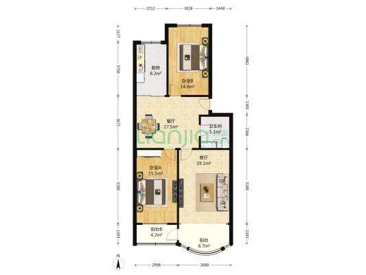 同福新居 2室2厅1卫 110平方