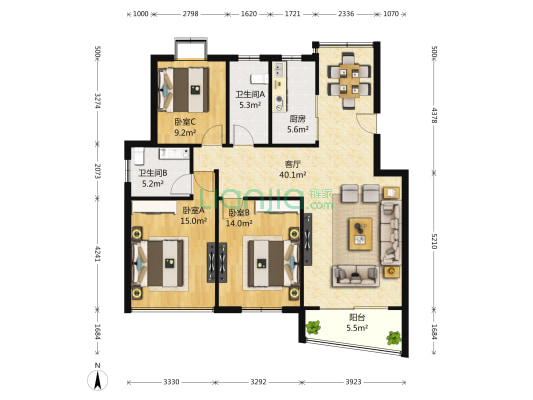 明月港湾月亮湾 3室1厅2卫 128平方