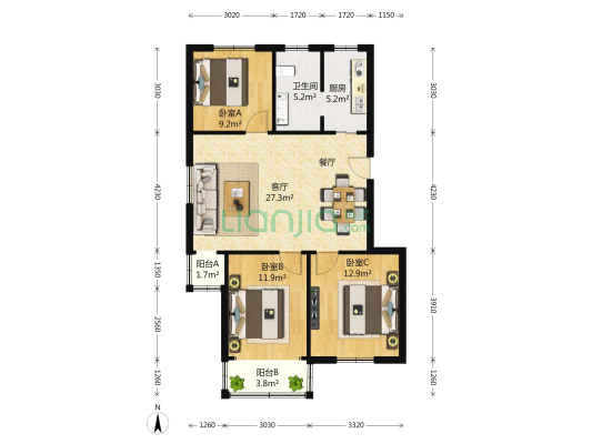白洋苑 3室2厅1卫 105平方