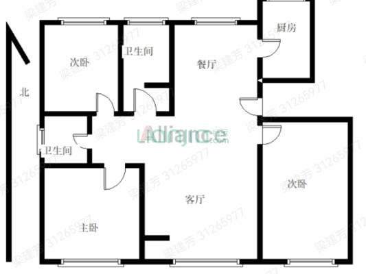 钻石商圈南北通过三居，楼前无遮挡-户型图