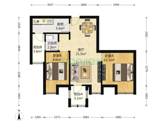 蓝光COCO金沙一期 2室1厅1卫 64平方