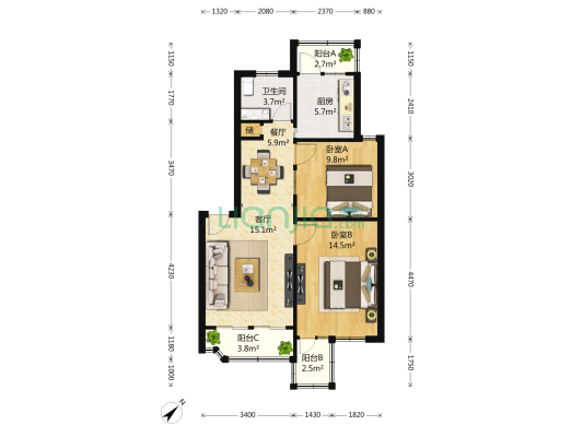 芳草苑(徐汇) 2室2厅1卫 81平方