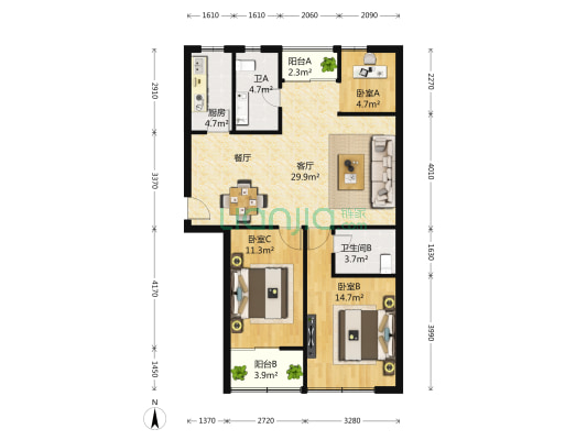 松云银座 3室2厅2卫 121平方