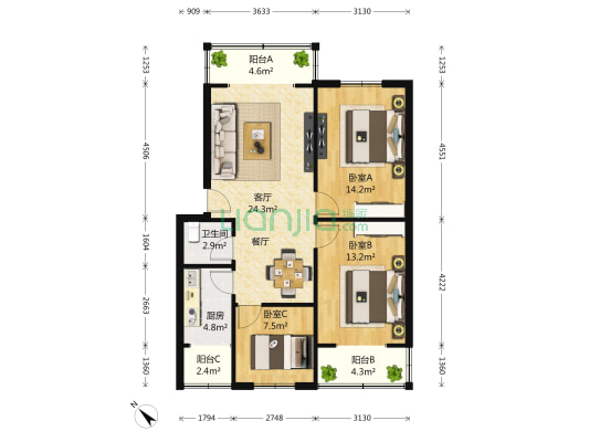 红运花园馨苑 3室1厅1卫 95平方