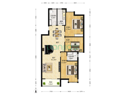 红山美居 3室1厅2卫 124平方