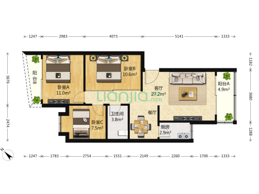 世纪华庭 3室1厅1卫 85平方