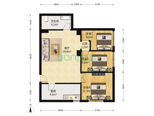 中环国际广场 3室1厅1卫 100平方