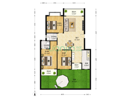 现代森林花园 3室1厅2卫 129平方