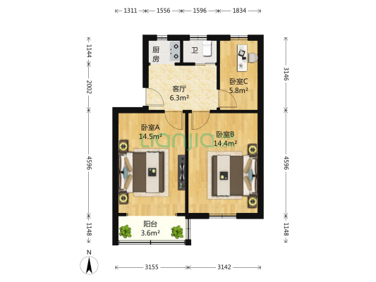 黑龙江路 3室1厅1卫 63平方