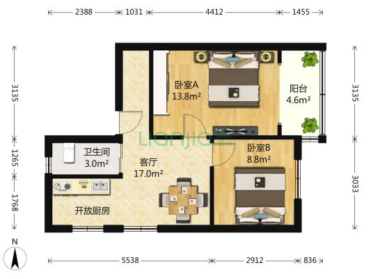 热河南路五段小区 2室1厅1卫 64平方