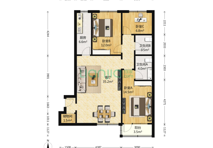 风林绿洲 3室1厅2卫 131㎡ 户型(北京链家网)