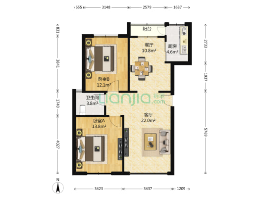 千叶美居 2室2厅1卫 98平方