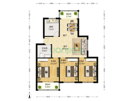 长汽宿舍 3室1厅1卫 115平方