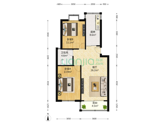 大华公园世家康华苑二期 2室1厅1卫 87平方