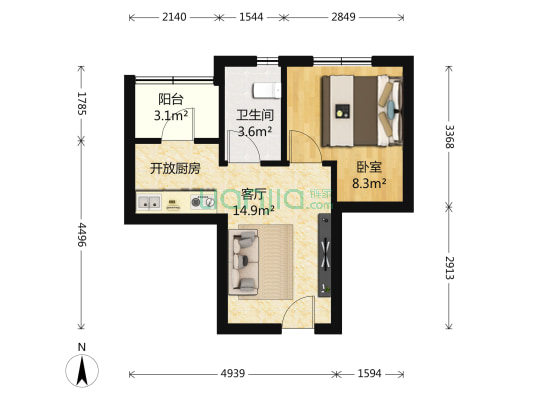 名品公寓 1室1厅1卫 42平方