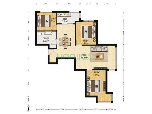 雍熙金园 3室1厅1卫 113平方