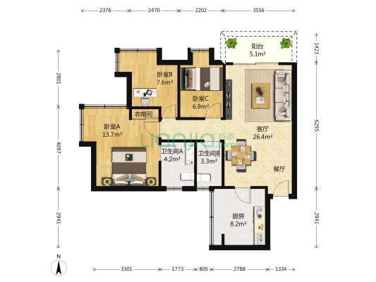 新世界家园 3室1厅2卫 92平方