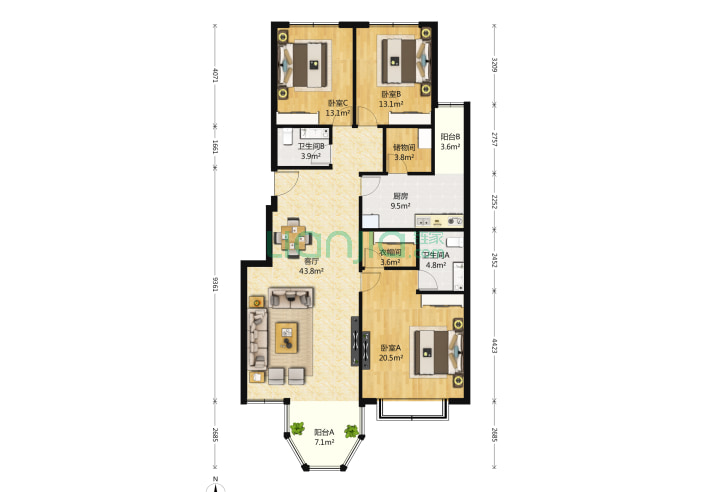 枫桦豪景一期 3室1厅2卫 166㎡ 户型