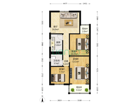 双庆路49号 3室1厅1卫 84平方