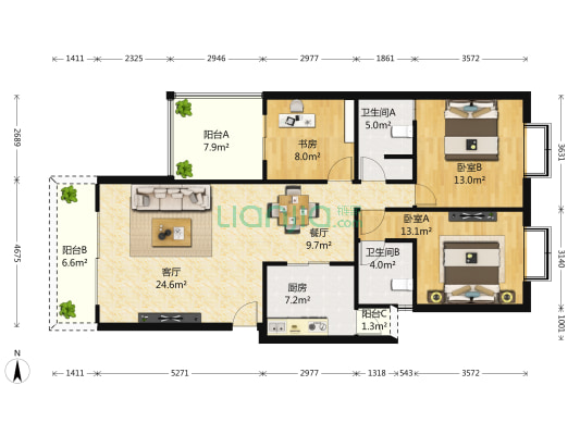 育才都市家园一期 3室2厅2卫 129平方