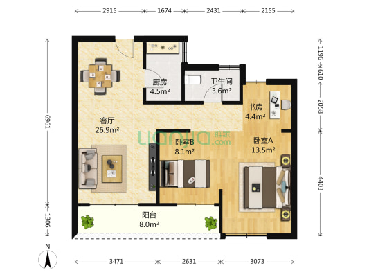嘉丰万悦城北区 3室1厅1卫 89平方